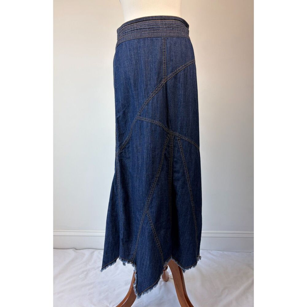Urban Outfitters Boho Western Evie Seamed Denim Midi Skirt Size M Raw Hanky Hem